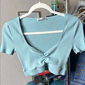 Zara Light Blue Ribbed Crop Top, Size M